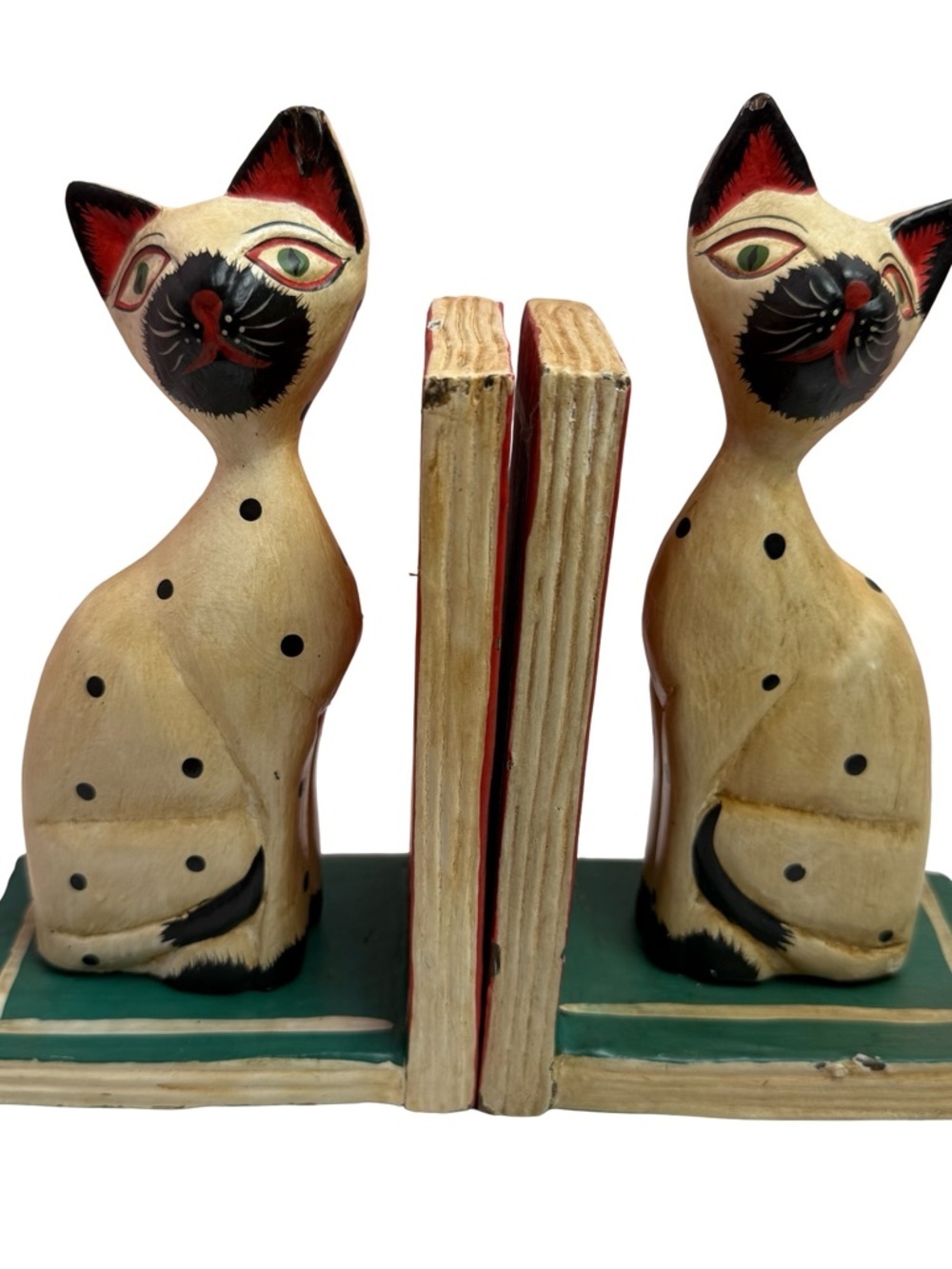 Cat Bookends VTG Set Of 2 Wooden Handmade Sitting Pair Folk Art Handpainted Cats - Picture 9 of 14